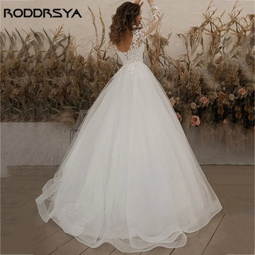 Runhufu Ivory Wedding Dresses Long Sleeve Appliques Lace Up Scoop Neck A-Line Tulle Boho Bride Gown 2024 vestido de noiva Beach
